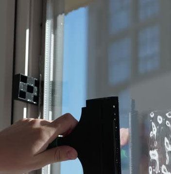 Professional installing window film on a large glass window